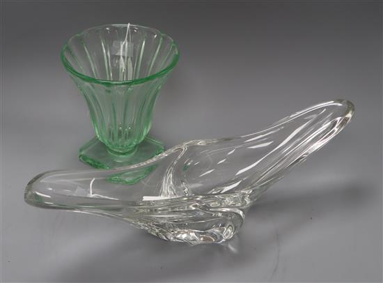 A Daum Nancy green glass pedestal vase and a large Daum centrepiece, both signed centrepiece length 43cm